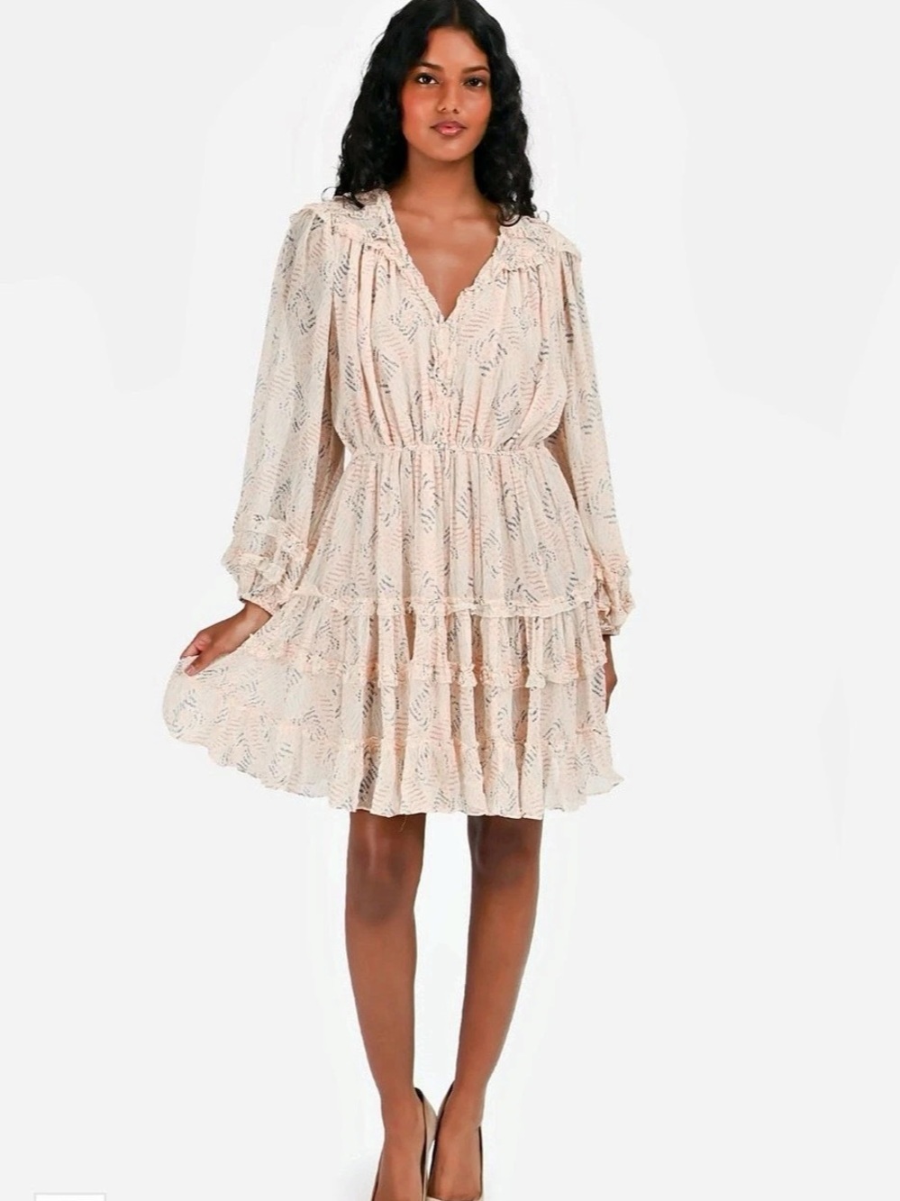 Ulla Johnson Silk Ruffle Tiered Mini Dress Peach Womens 8 Long Sleeve